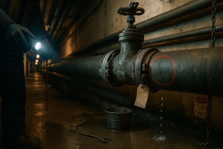 an ai image of a cracked pipe being in inspected by a professional drainage engineer
