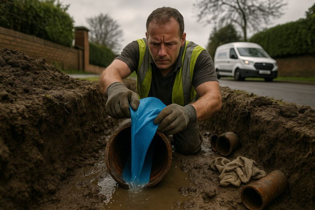 an ai image of a drainage technician carrying out a drain lining repair