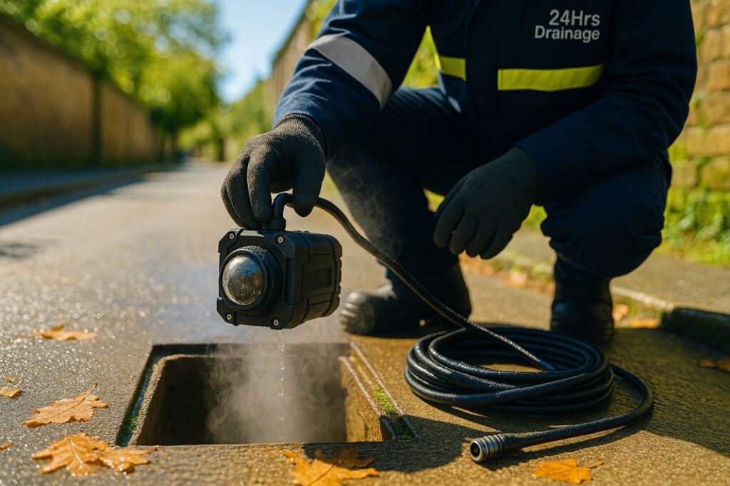 an ai image of a man carrying out CCtv survey on a drain