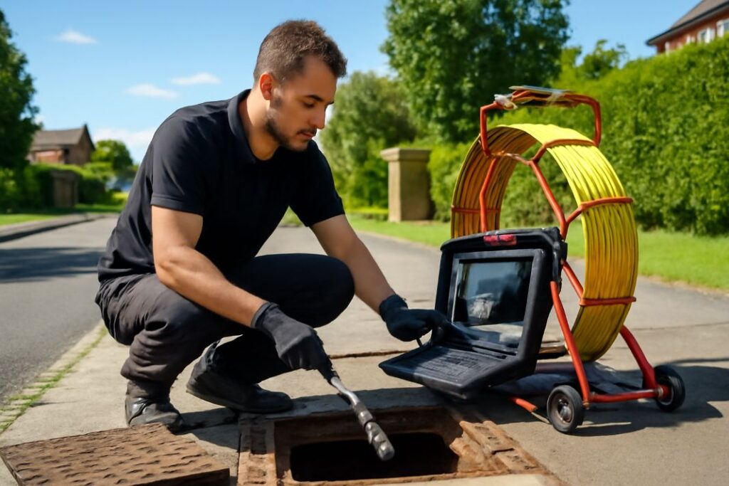 an ai image of a professional drainage engineer carrying out a drain cctv survey