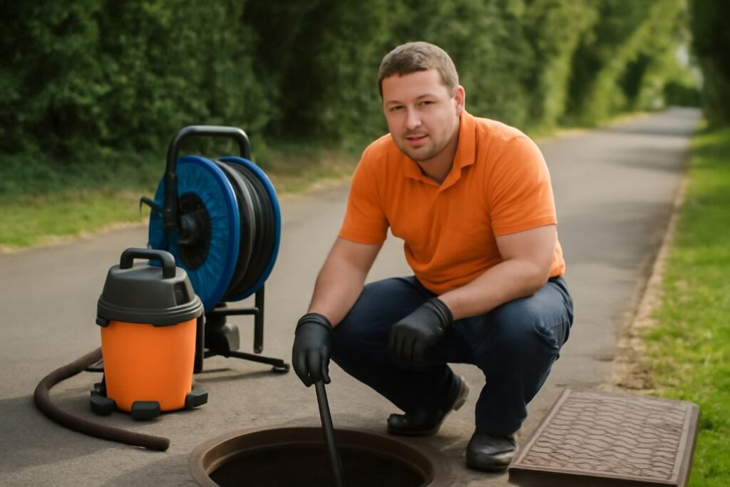 an ai image of a professional drainage engineer next to an open man hole unblocking drain