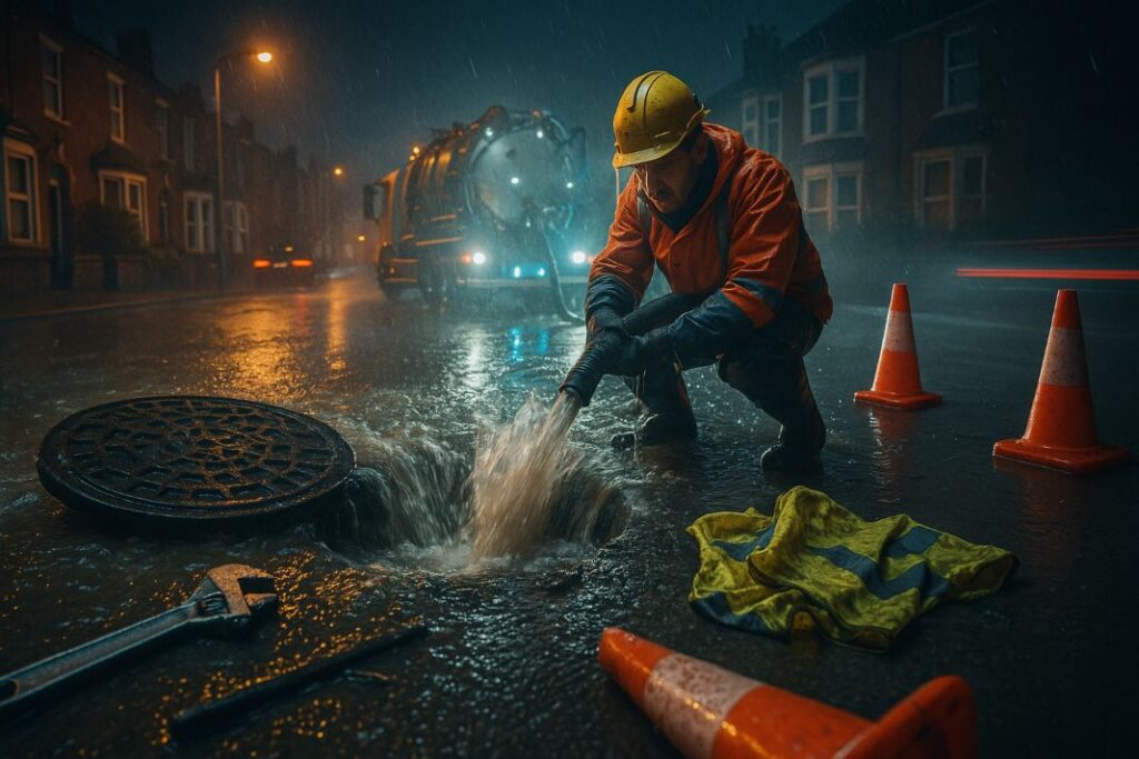 an ai image of a professional drainage engineer on an emergency call out unblocking a drain