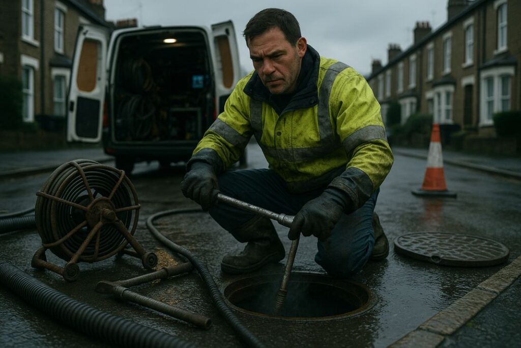 an ai image of a professional drainage engineer using professional tool to unblock a drain
