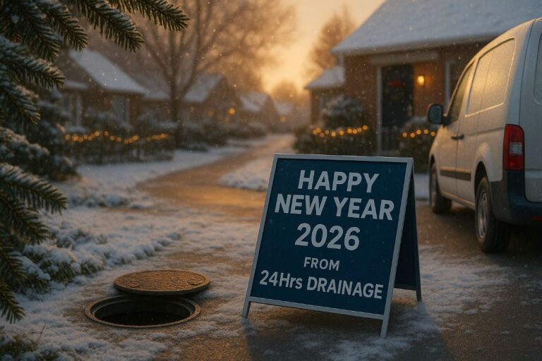 an ai image of 24hrs drainage wishing a happy new year 2026