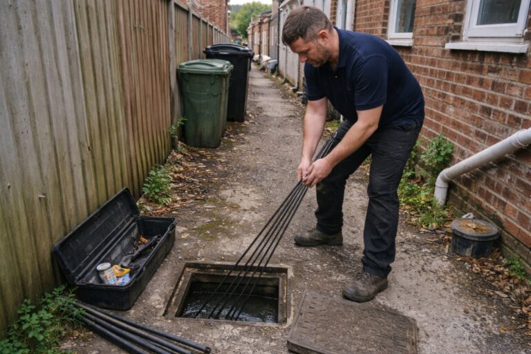 an illlustrative image of a professional using mechanical rod on an outside drain