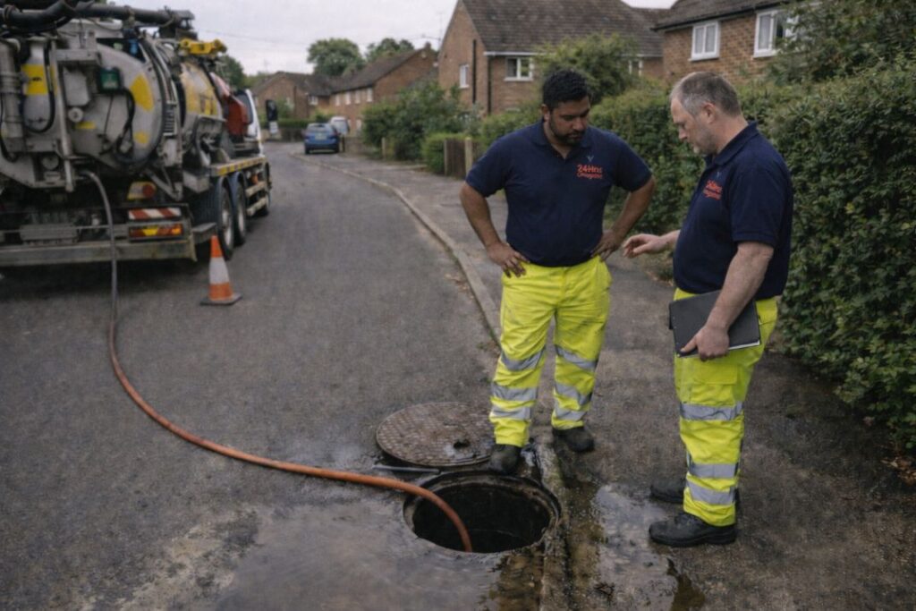 an illustrative image of 2 professionals inspecting a manhole and tanker service