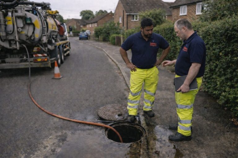 an illustrative image of 2 professionals inspecting a manhole and tanker service