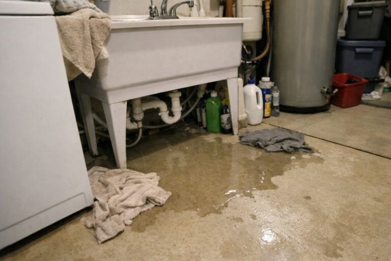 an illustrative image of a blocked sink in a utility room with leaky pipes