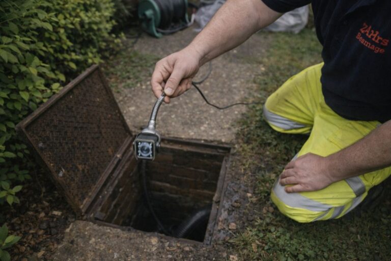 an illustrative image of a professional drainage worker lowering a CCTV unit into an outside drain