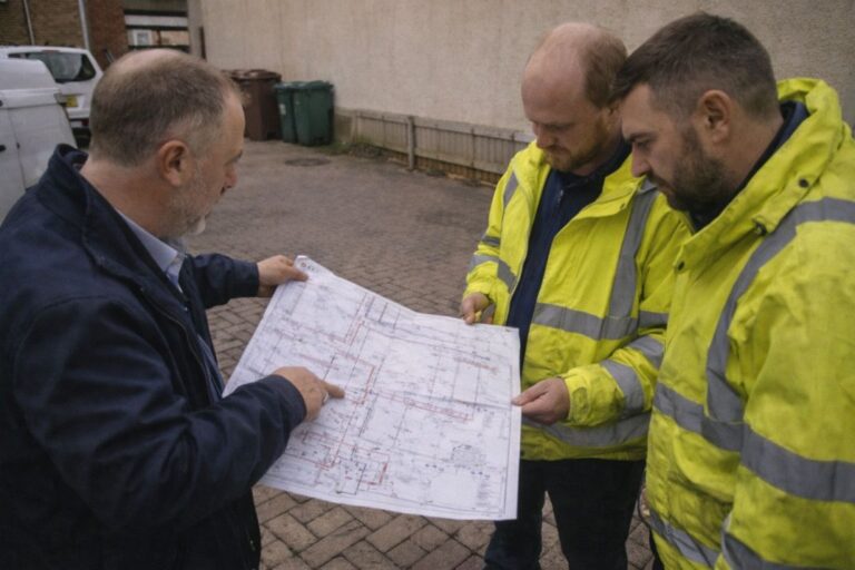 an illustrative image of drainage professional and surveyors reviewing drainage plans