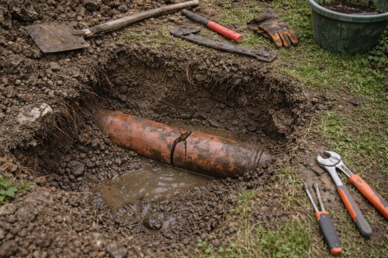 an illustrative photo of a cracked pipe in a garden