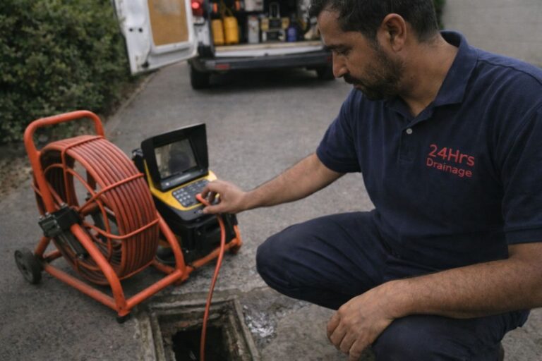 an illustrativr image of a drainage professional carrying out an CCTV drainage check