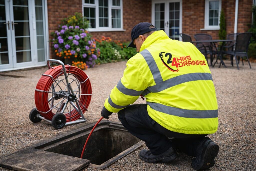 AI image of a drain worker feeding cable into pit