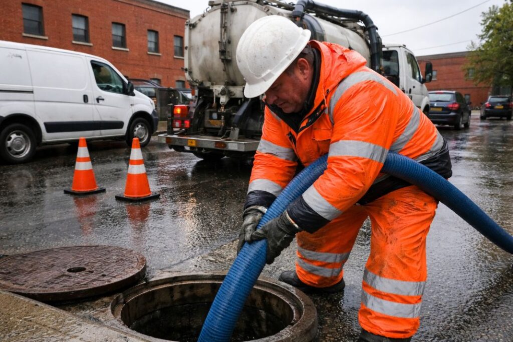 AI image of city worker cleaning a wet sewer