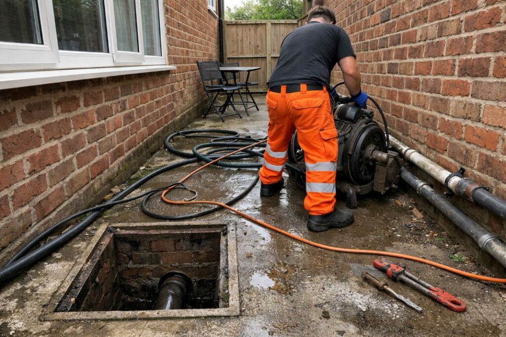 AI image of drain descaling in a side yard