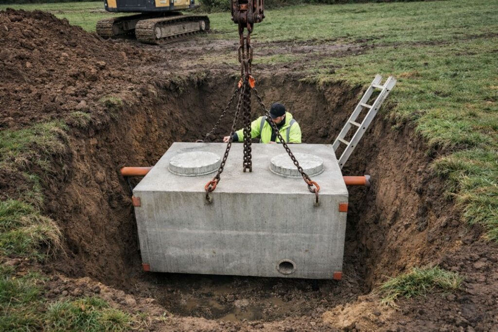 AI image of septic tank installation in rural trench