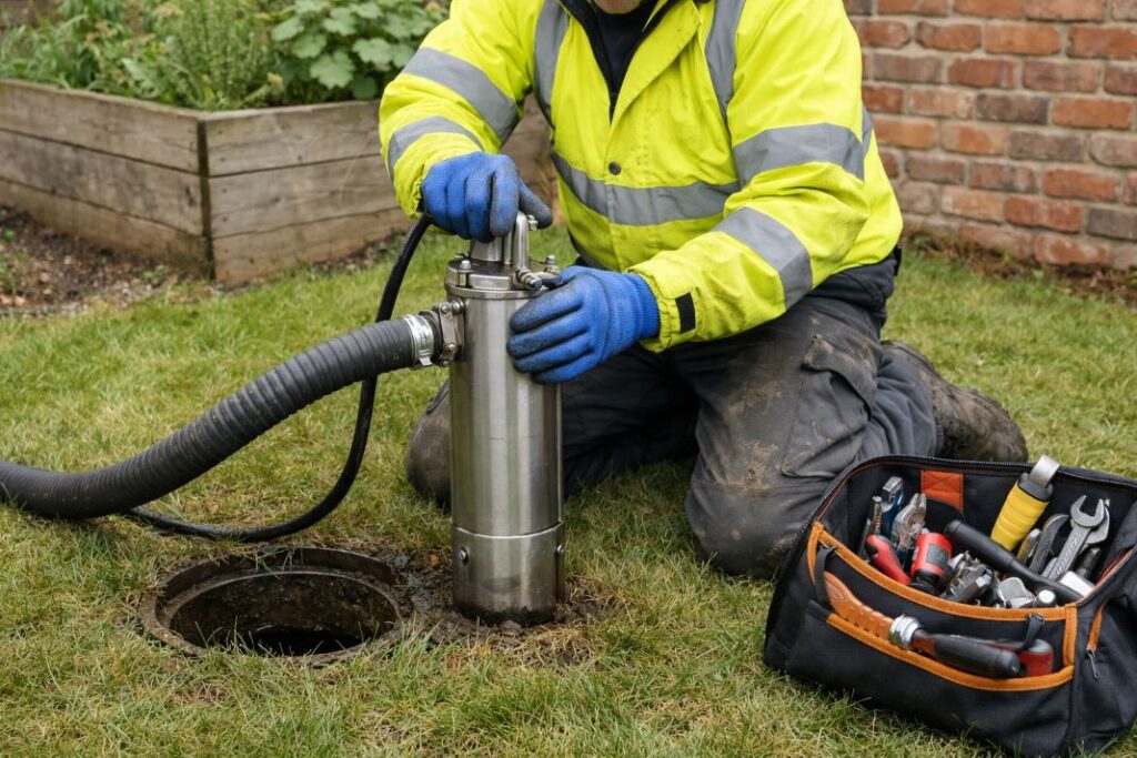AI image of a worker maintaining groundwater pump outdoors