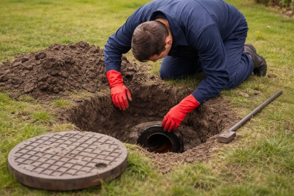 AI image of a worker repairing pipe in garden hole