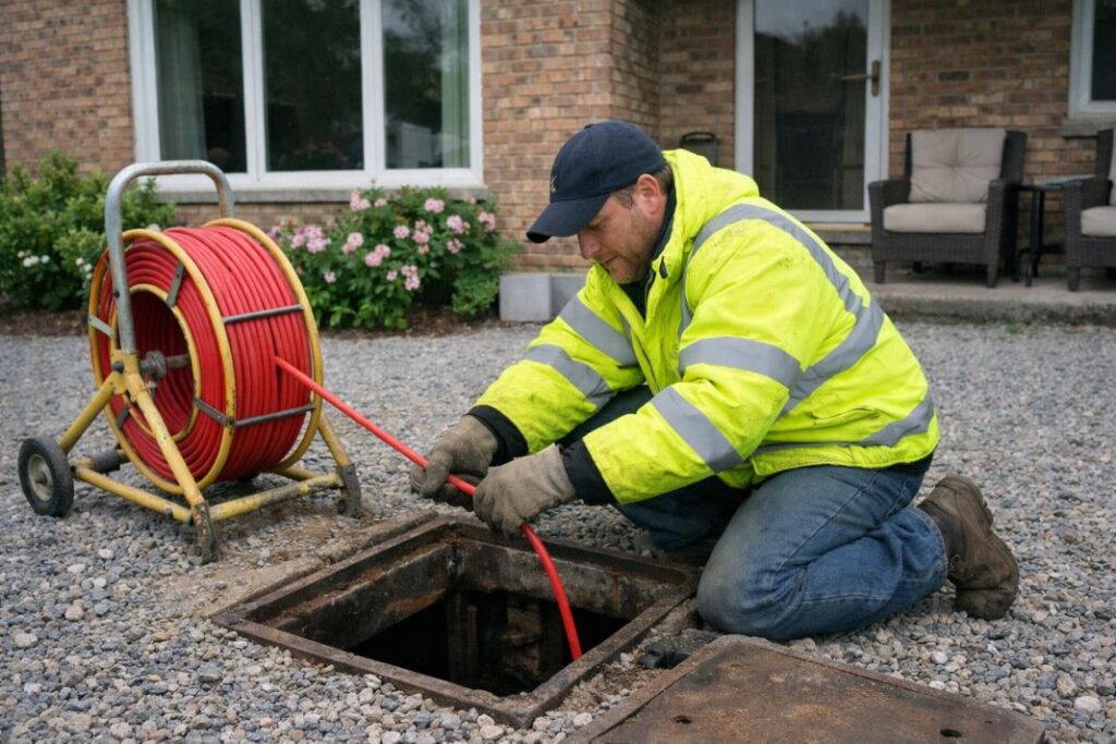 AI photo of a utility worker feeding cable into manhole