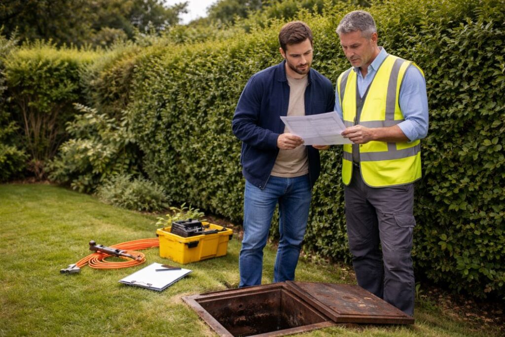 AN ILLUSTRATIVE IMAGE OF A BUYER WITH A SURVEYOR REVIEWING A PRINTED REPORT