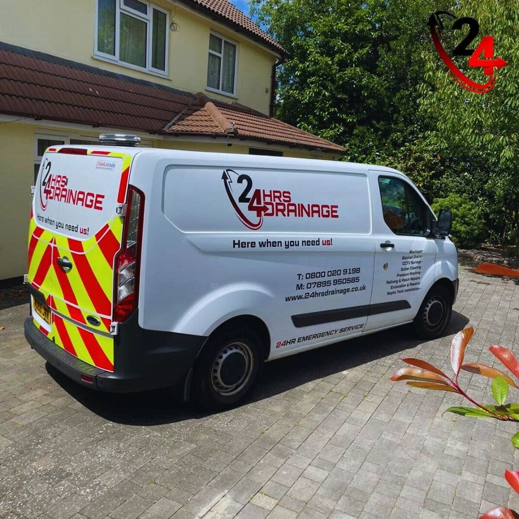 24hrs Drainage engineer completing a blocked drain diagnosis on a residential driveway