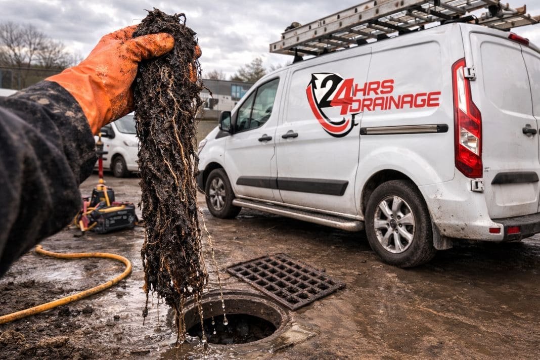 Root cutting equipment removing tree roots from a drain