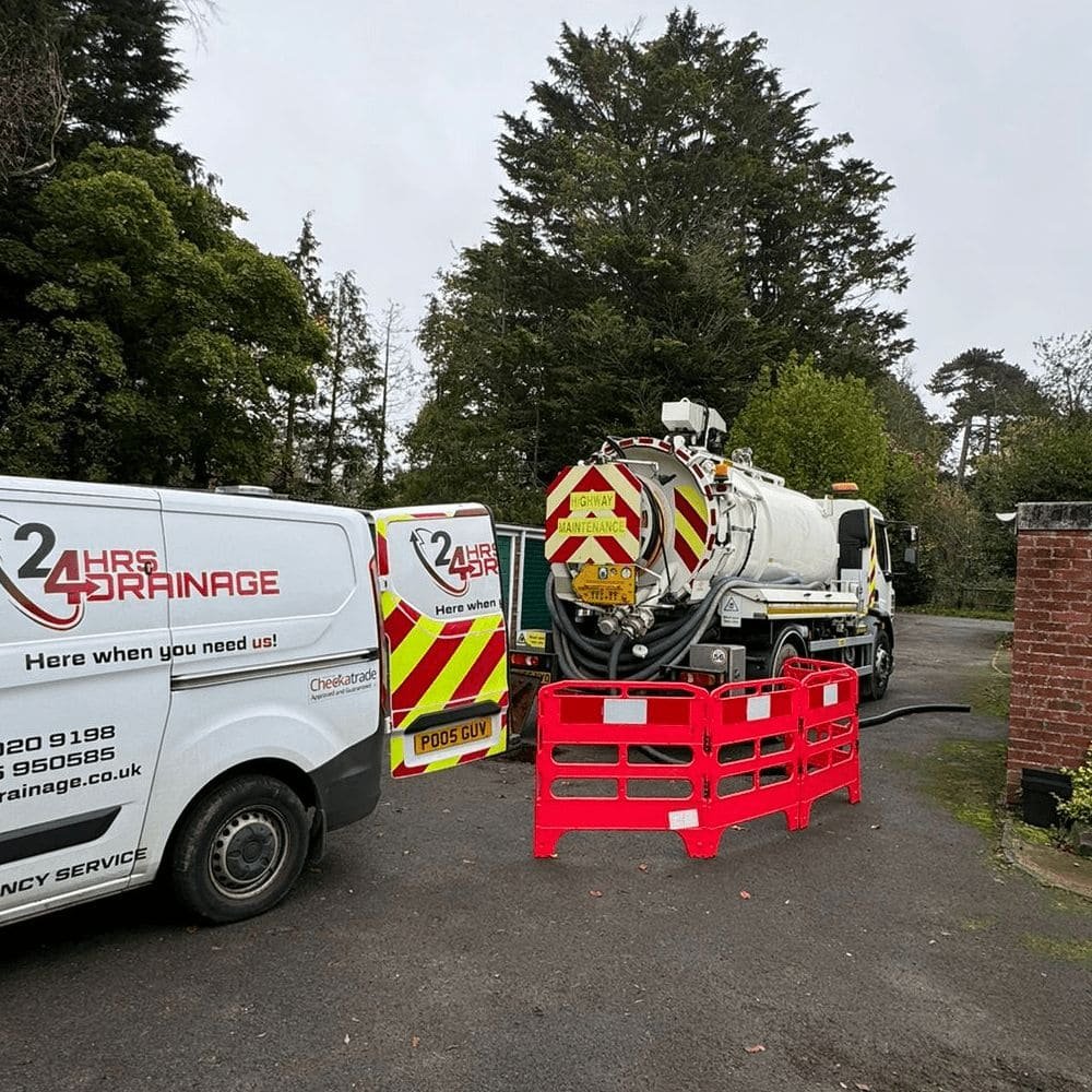 24hrs Drainage tanker and service van working at a property