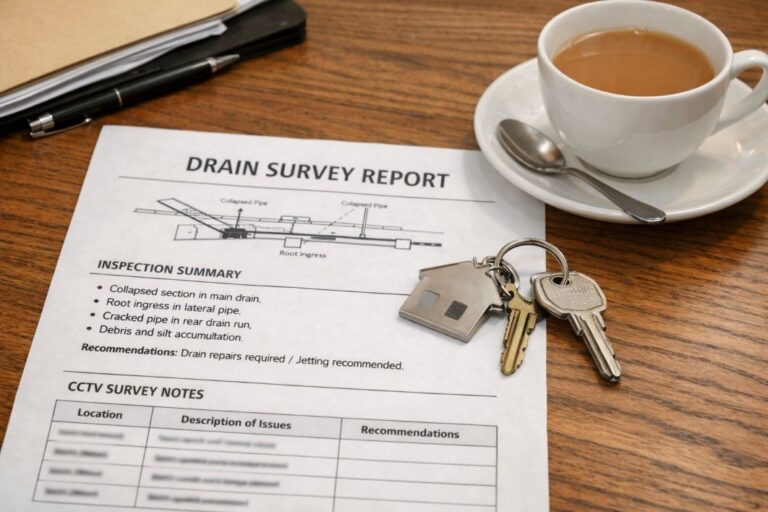 an illustrative image of a a close-up view of a drain survey report