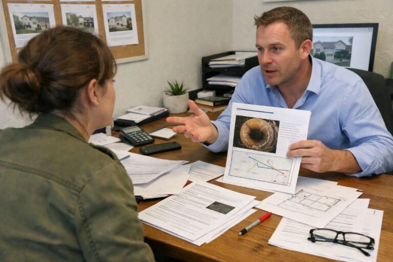 an illustrative image of a a small estate agency office where a drain survey is being discussed between a buyer and estate agent