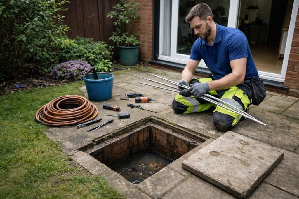 an illustrative image of a a technician assembling metal rods beside an exposed garden drain in a domestic Reading property
