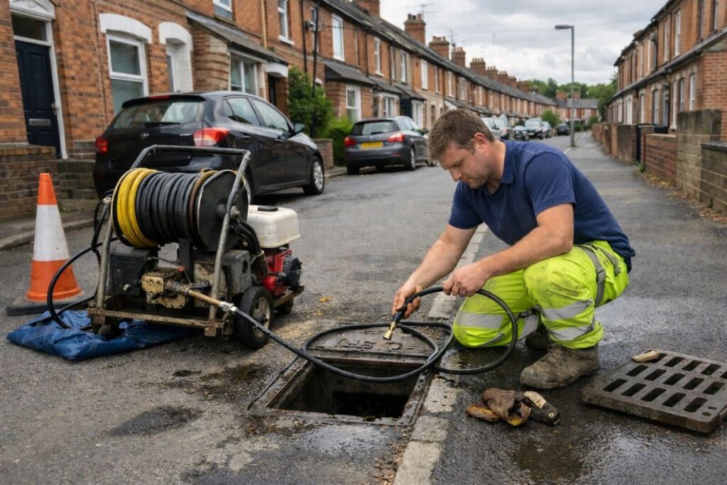 an illustrative image of a residential street in Reading with a tradesperson preparing a high-pressure hose near a drain cover