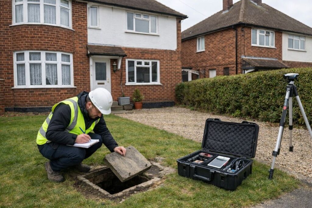 an illustrative image of a surveyor beside a small drain access point in the front garden