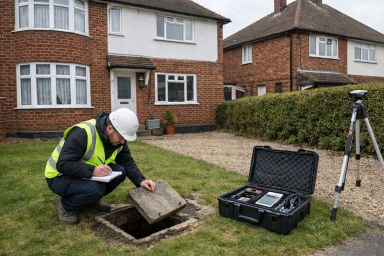 an illustrative image of a surveyor beside a small drain access point in the front garden