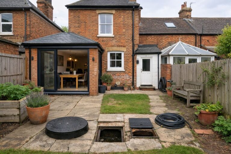 an illustrative image of an older brick property with visible garden access to drains