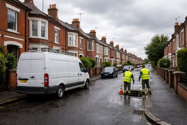 an illustrative image of an open drain in a residential street near a work van