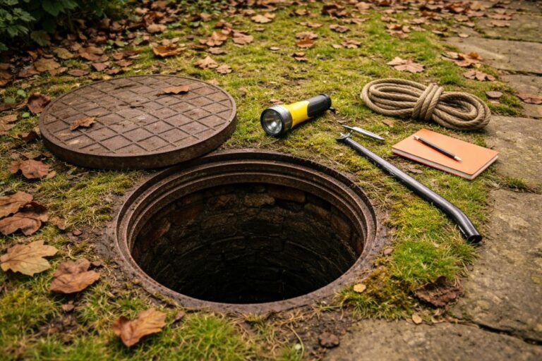 an illustrative image of an open manhole cover in a typical back garden, basic inspection tools set aside