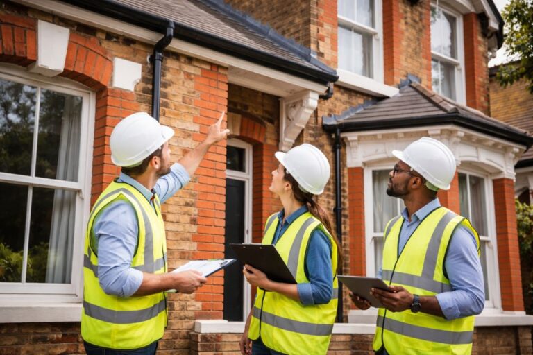 an illustrative image of building surveyors discussing exterior brickwork on a Victorian home