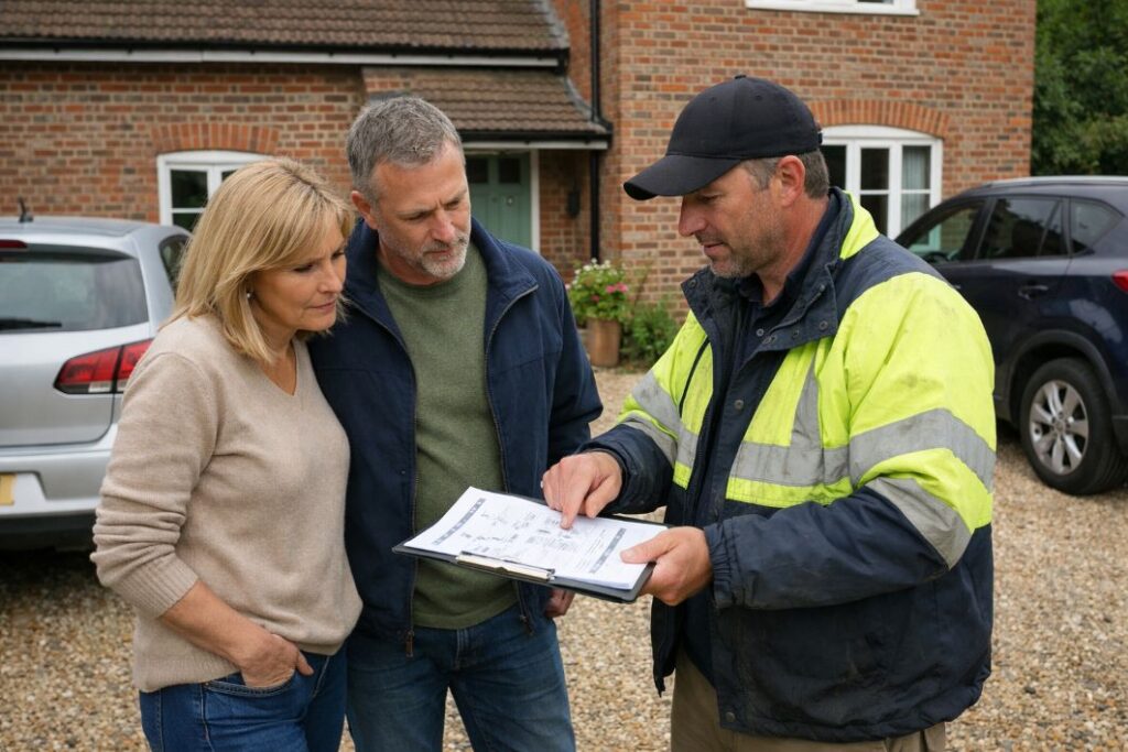 an illustrative image of property owners discussing a paper report with a drainage specialist outside their brick home in Berkshire