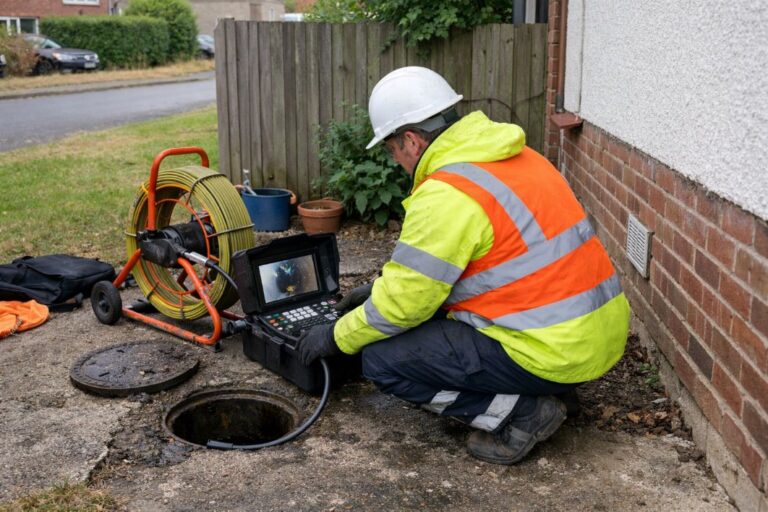 an illustrative image oof a surveyor in high-visibility clothing operating a small portable CCTV drain camera