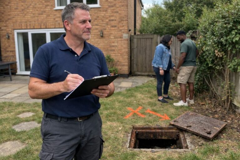 an ai image of male drainage specialist assessing manhole access