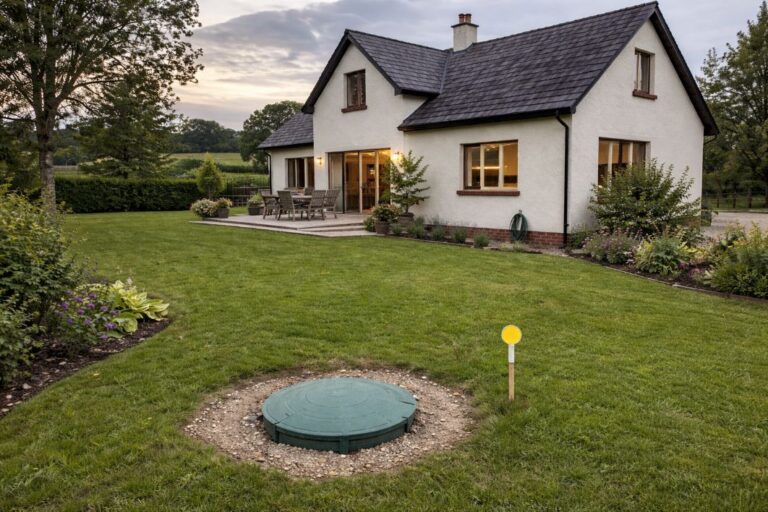 an illustartive image of detached rural house with a visible septic tank cover in the garden