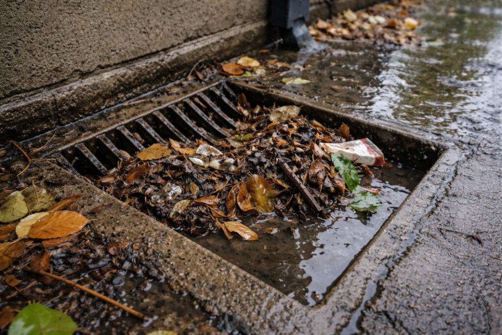 an illustrative image of lose-up view of an exterior house drain that is blocked with debris and standing rainwater