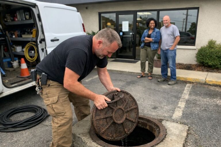 an illustrative image of of a small commercial property with a tradesman standing outside by a utility van, opening a manhole cover