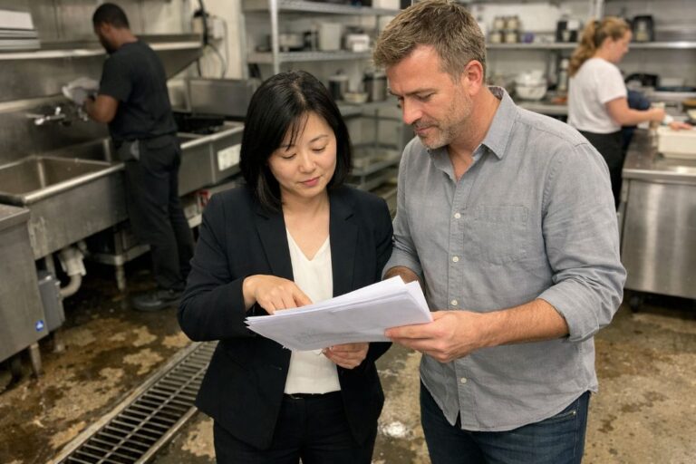 an illustrative image of of two professionals standing at the edge of an industrial kitchen’s drainage area