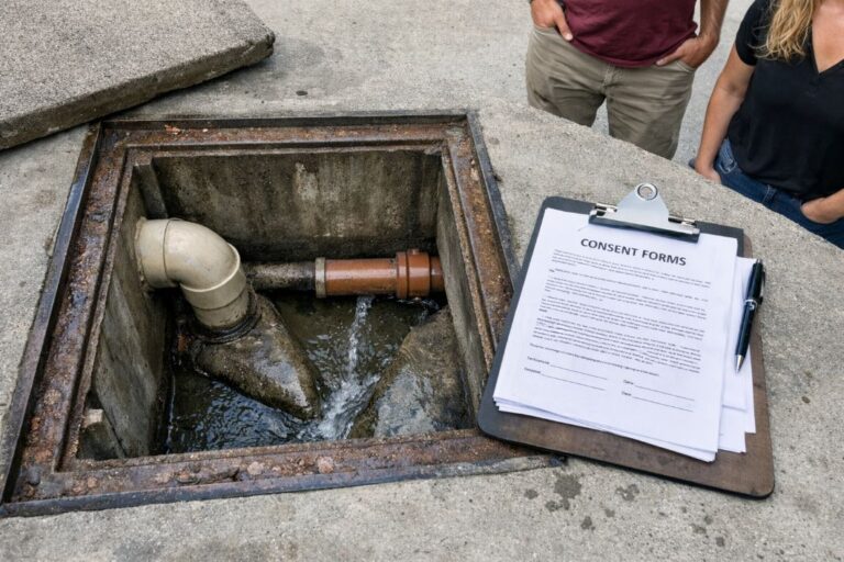 an illustrative image of opened drainage inspection hatch on a commercial property showing clear pipework and minor water flow with consent documents