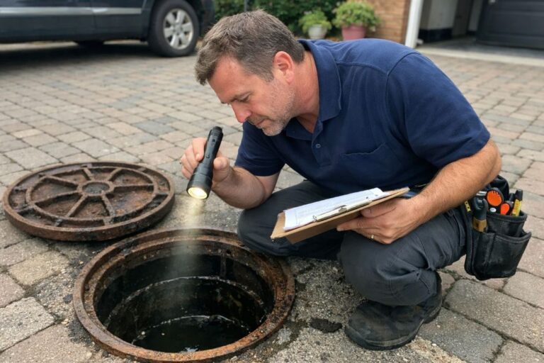 an illustrative image of professional drainage contractor kneeling near an open manhole cover in a residential driveway