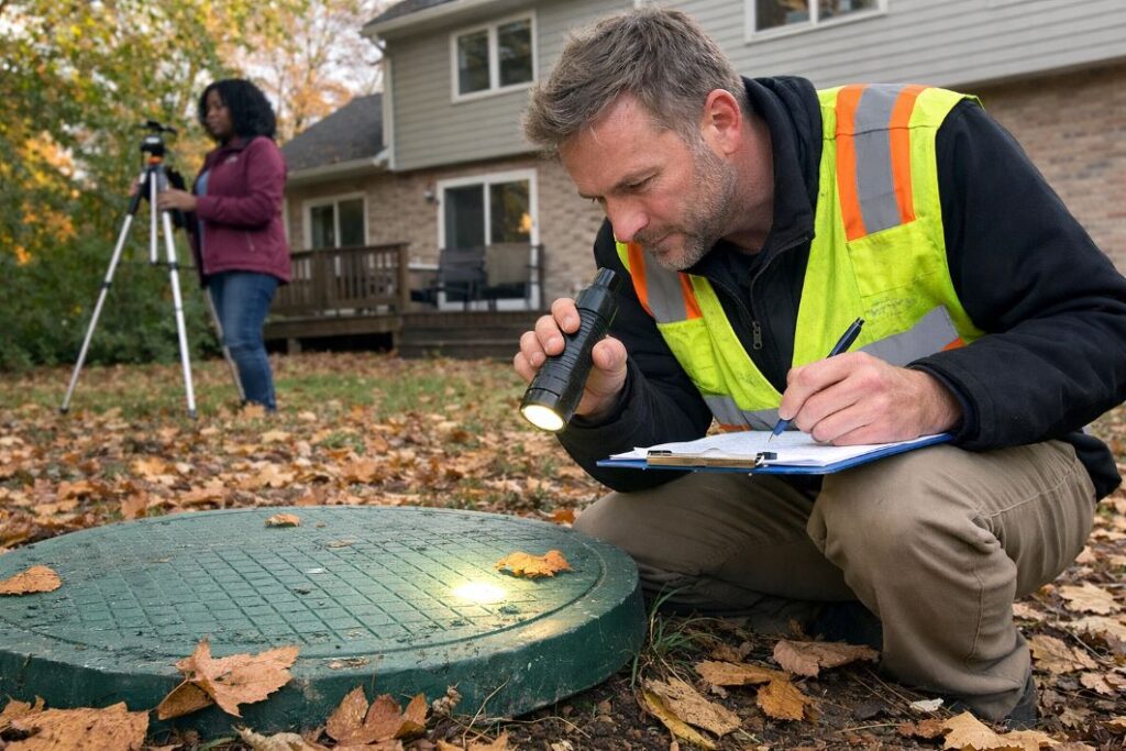 an illustrative image of surveyor kneeling next to a septic tank cover, using a clipboard and torch to inspect it