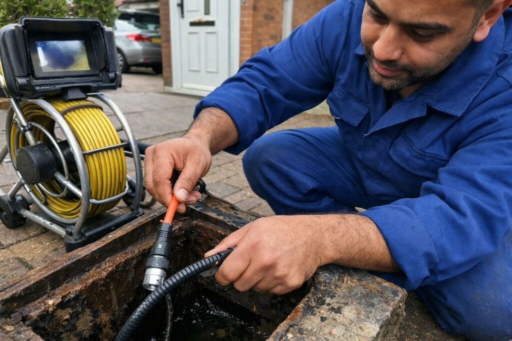 an illustrative image of a CCTV drain camera being inserted into a ground-level drain by a skilled technician
