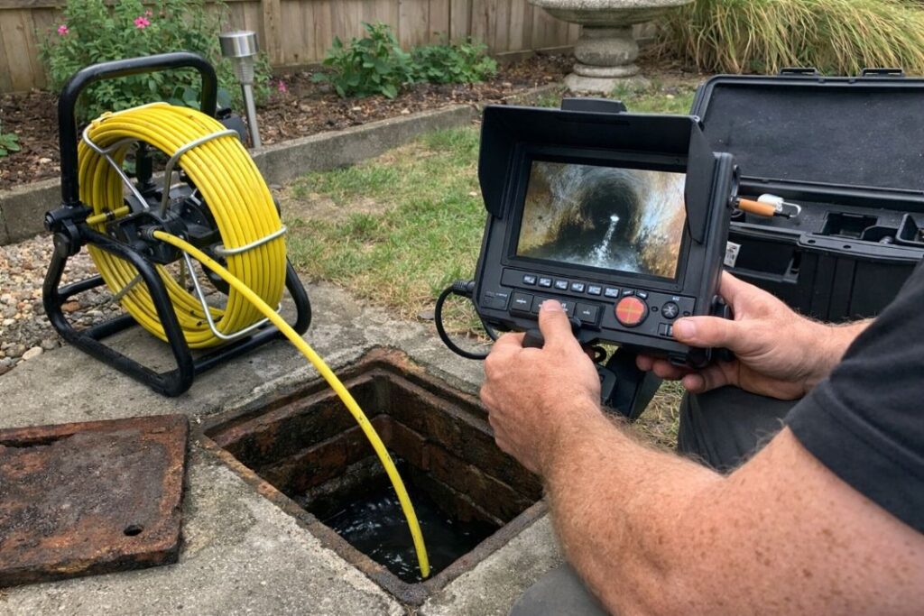 an illustrative image of a CCTV drain survey device in operation, with the camera cable going into a residential drain in a garden