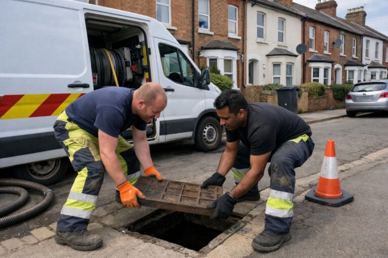 an illustrative image of a a drainage company van parked outside and two workers lifting a drain cover in the pavement